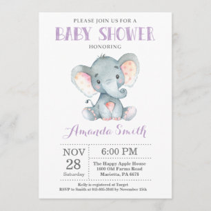 Elephant Baby shower Invitation Paars and Grey Kaart