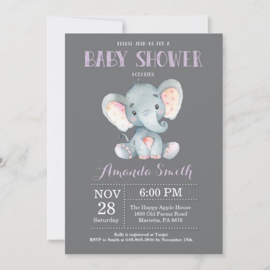 Elephant Baby shower Invitation Paars and Grey Kaart (Voorkant)