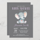 Elephant Baby shower Invitation Paars and Grey Kaart (Voorkant / Achterkant)
