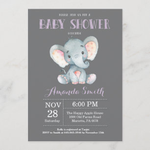 Elephant Baby shower Invitation Paars and Grey Kaart