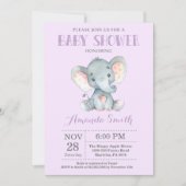 Elephant Baby shower Invitation Paars and Grey Kaart (Voorkant)