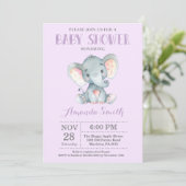 Elephant Baby shower Invitation Paars and Grey Kaart (Staand voorkant)