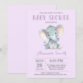 Elephant Baby shower Invitation Paars and Grey Kaart (Voorkant / Achterkant)