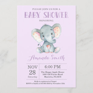 Elephant Baby shower Invitation Paars and Grey Kaart