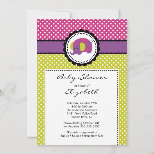 Elephant Baby shower Invitation Paars Polka Dot. Kaart (Voorkant)