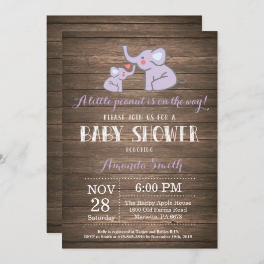 Elephant Baby shower Invitation Paars Rustic Kaart (Voorkant / Achterkant)