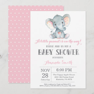 Elephant Baby shower Invitation Pink and Grey Kaart