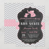Elephant Baby shower Invitation Pink and Grey Kaart (Voorkant / Achterkant)