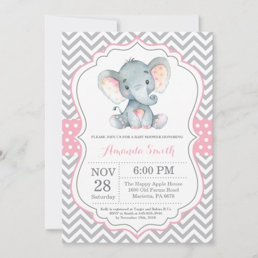 Elephant Baby shower Invitation Pink and Grey Kaart (Voorkant)
