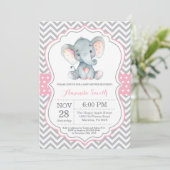 Elephant Baby shower Invitation Pink and Grey Kaart (Staand voorkant)