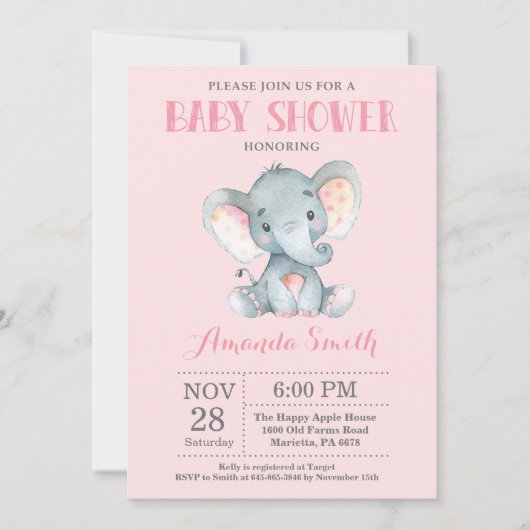 Elephant Baby shower Invitation Pink and Grey Kaart (Voorkant)