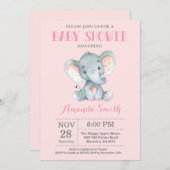 Elephant Baby shower Invitation Pink and Grey Kaart (Voorkant / Achterkant)