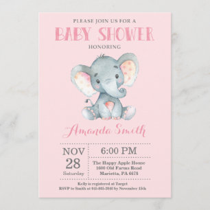 Elephant Baby shower Invitation Pink and Grey Kaart