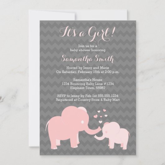 Elephant Baby shower Invitation Pink and Grey Kaart (Voorkant)