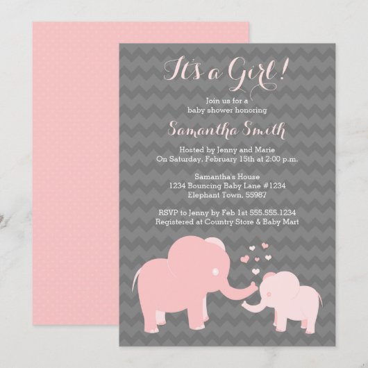 Elephant Baby shower Invitation Pink and Grey Kaart (Voorkant / Achterkant)