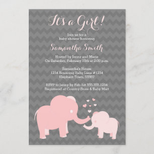 Elephant Baby shower Invitation Pink and Grey Kaart