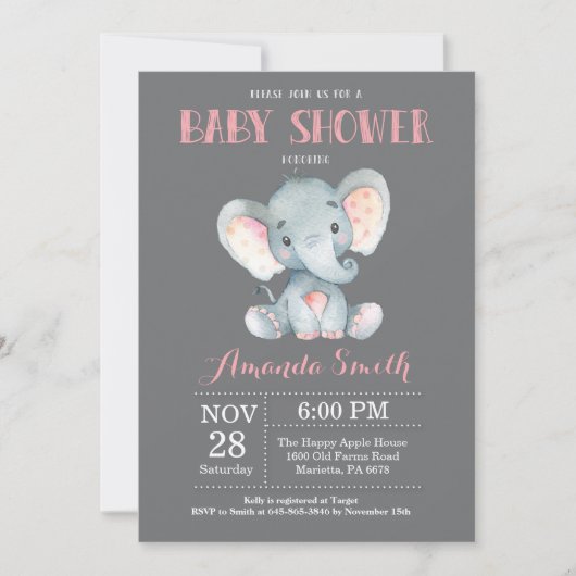 Elephant Baby shower Invitation Pink and Grey Kaart (Voorkant)