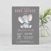 Elephant Baby shower Invitation Pink and Grey Kaart (Staand voorkant)