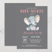 Elephant Baby shower Invitation Pink and Grey Kaart (Voorkant / Achterkant)
