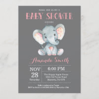 Elephant Baby shower Invitation Pink and Grey