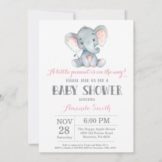 Elephant Baby shower Invitation Pink and Grey Kaart (Voorkant)