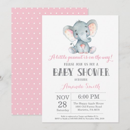 Elephant Baby shower Invitation Pink and Grey Kaart (Voorkant / Achterkant)