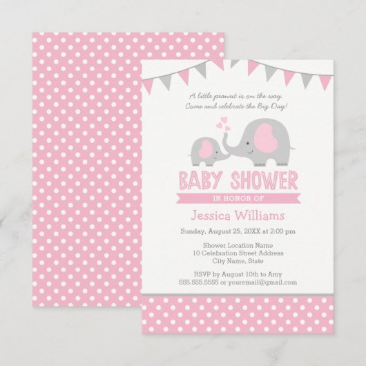 Elephant Baby shower Invitation Pink and Grey Kaart (Voorkant / Achterkant)