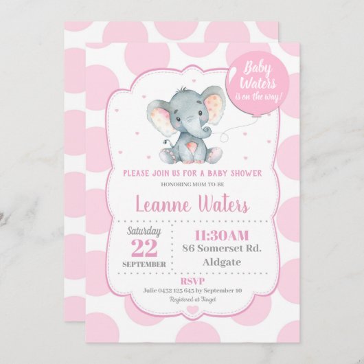 Elephant Baby shower Invitation Pink Girl Kaart (Voorkant / Achterkant)