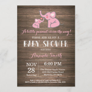 Elephant Baby shower Invitation Pink Rustic Kaart