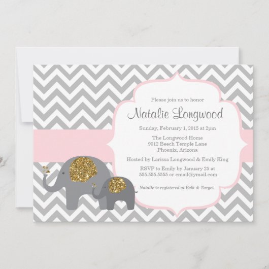 Elephant Baby shower Invitation, roze goudglitter Kaart (Voorkant)