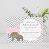 Elephant Baby shower Invitation, roze goudglitter Kaart (Staand voorkant)