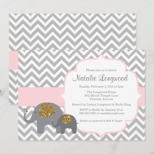 Elephant Baby shower Invitation, roze goudglitter Kaart (Voorkant / Achterkant)