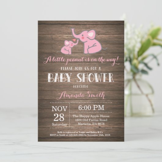 Elephant Baby shower Invitation Roze Rustiek Kaart (Staand voorkant)
