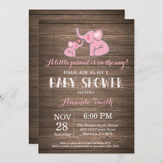 Elephant Baby shower Invitation Roze Rustiek Kaart (Voorkant / Achterkant)