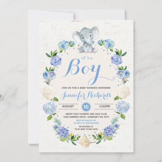 Elephant Baby shower Invitation Rustic Boy Shower Kaart (Voorkant)