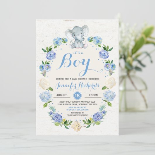 Elephant Baby shower Invitation Rustic Boy Shower Kaart (Staand voorkant)