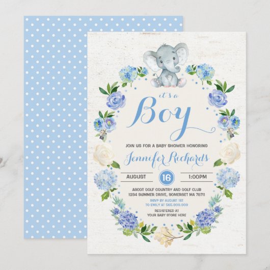 Elephant Baby shower Invitation Rustic Boy Shower Kaart (Voorkant / Achterkant)