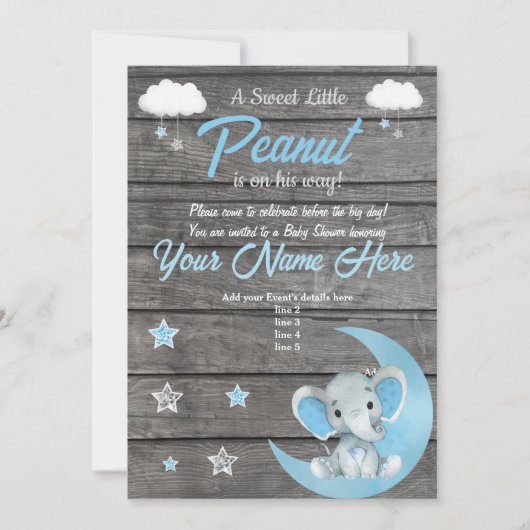 Elephant Baby shower Invitation, rustisch, Blue Kaart (Voorkant)