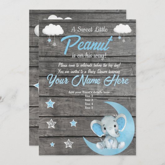 Elephant Baby shower Invitation, rustisch, Blue Kaart (Voorkant / Achterkant)