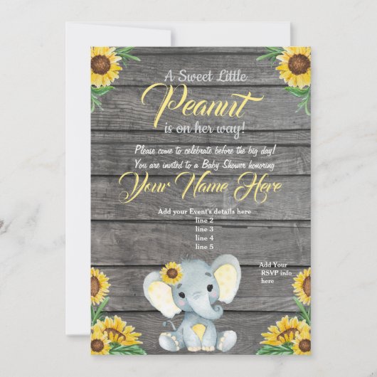 Elephant Baby shower Invitation, rustisch, Geel Kaart (Voorkant)