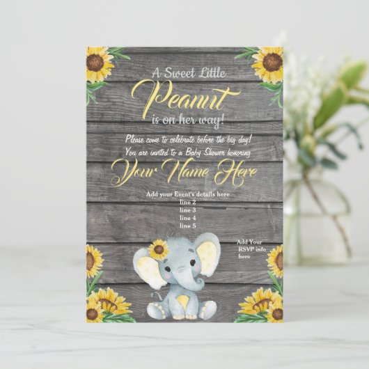 Elephant Baby shower Invitation, rustisch, Geel Kaart (Staand voorkant)