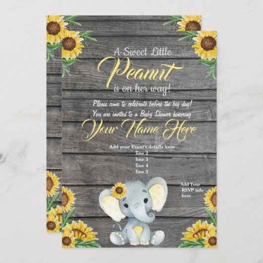 Elephant Baby shower Invitation, rustisch, Geel Kaart (Voorkant / Achterkant)