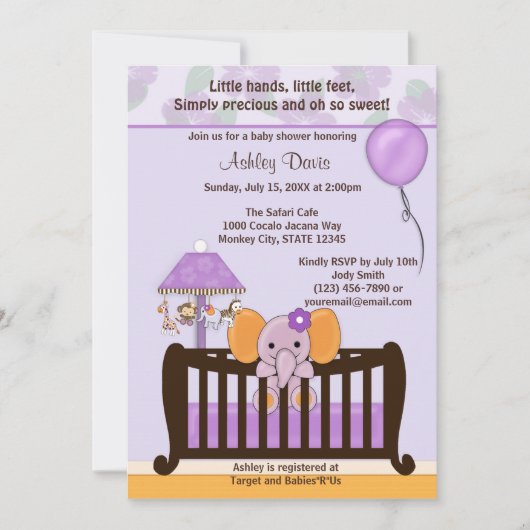ELEPHANT Baby shower Invitation Wieg PAARS CJ-E Kaart (Voorkant)