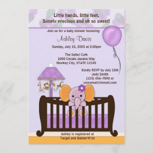 ELEPHANT Baby shower Invitation Wieg PAARS CJ-E Kaart