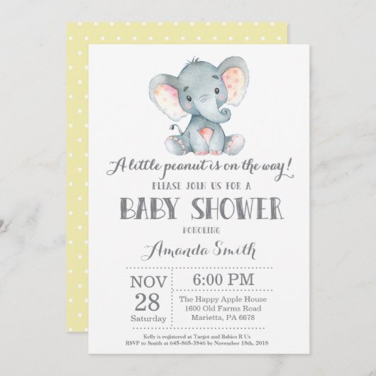 Elephant Baby shower Invitation Yellow and Grey Kaart (Voorkant / Achterkant)