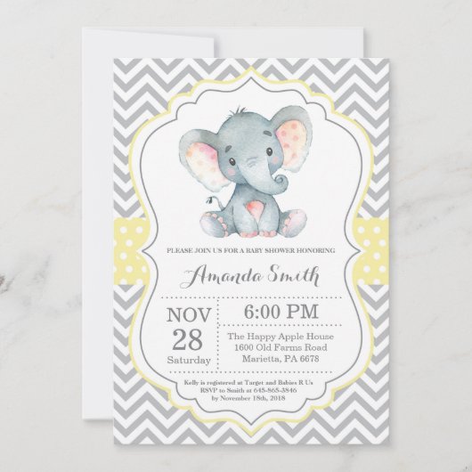 Elephant Baby shower Invitation Yellow and Grey Kaart (Voorkant)
