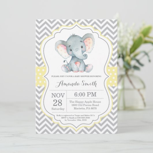 Elephant Baby shower Invitation Yellow and Grey Kaart (Staand voorkant)