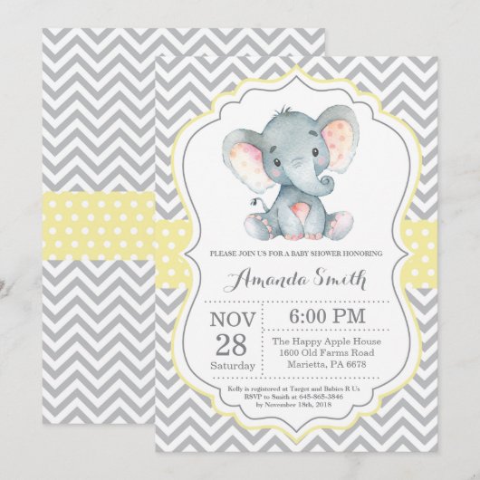 Elephant Baby shower Invitation Yellow and Grey Kaart (Voorkant / Achterkant)
