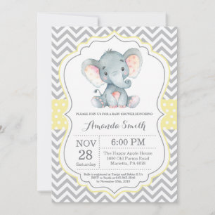 Elephant Baby shower Invitation Yellow and Grey Kaart