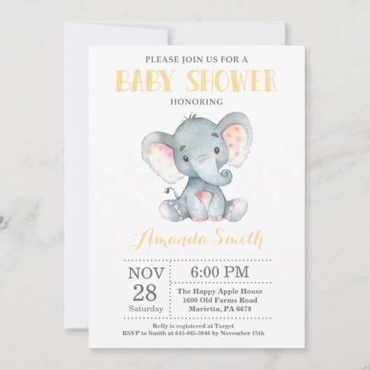 Elephant Baby shower Invitation Yellow and Grey Kaart (Voorkant)